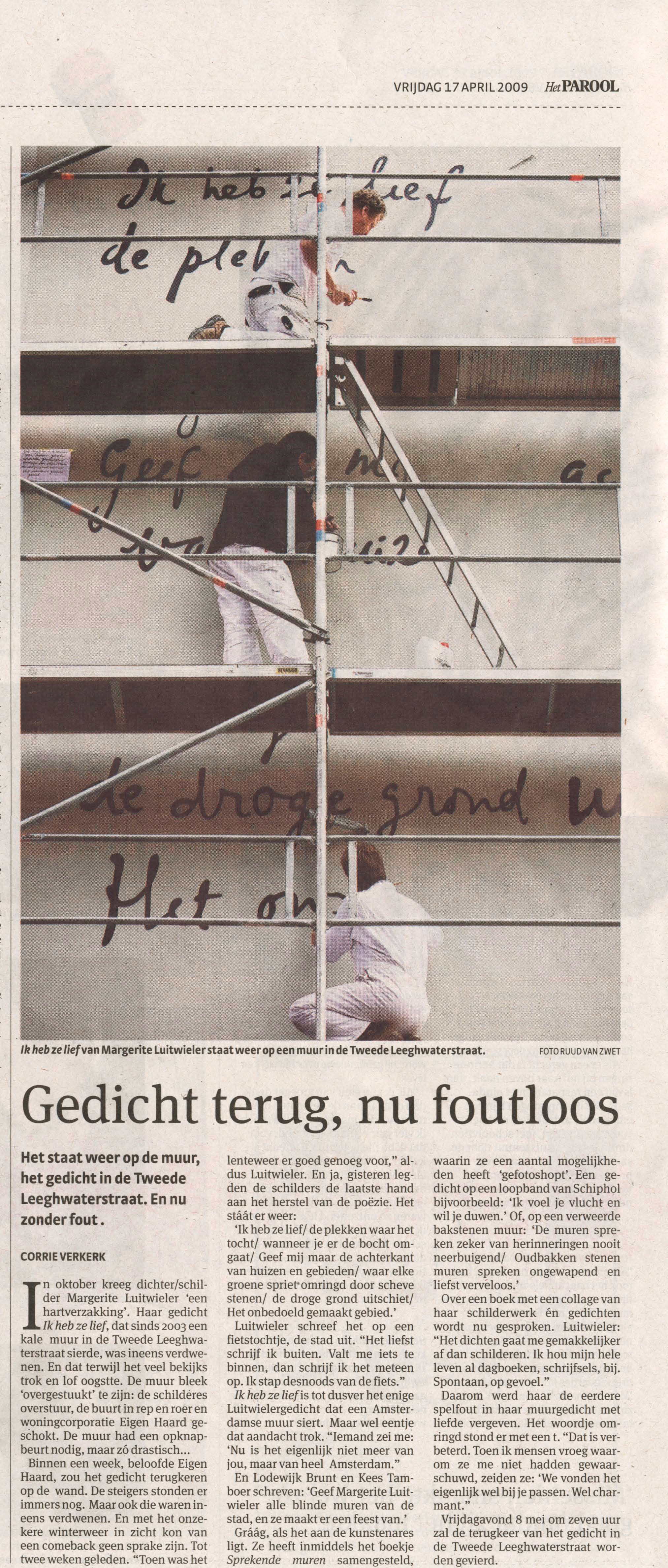 Gedicht terug, nu foutloos - Het Parool (17-04-2009)